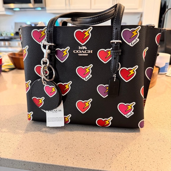 Coach Tote Bag Black Hearts Lightning Bolts Charm Leather Top Handle - Picture 13 of 13